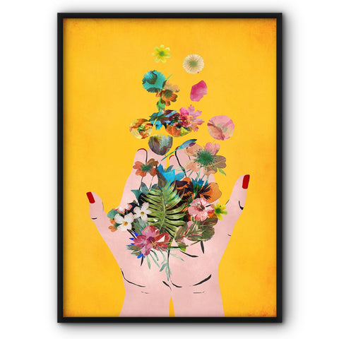 Flowers Falling On Hands On Yellow Canvas Print
