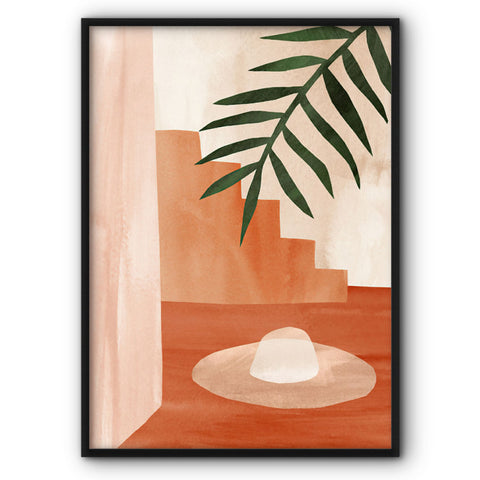 hat-and-palm-leaf-in-terracotta-canvas-print