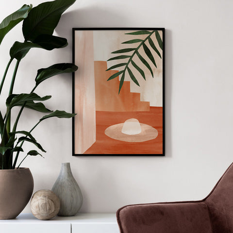 hat-and-palm-leaf-in-terracotta-canvas-print