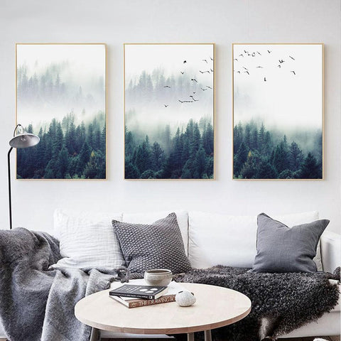 Set Of 3 Foggy Mountain Forest Canvas Prints