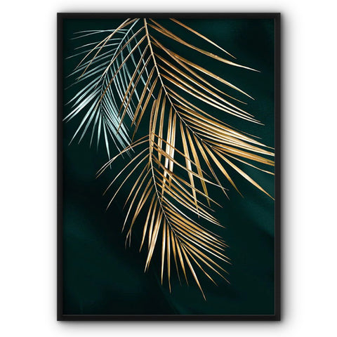 Golden Palm Leaves On Green Background Canvas Print