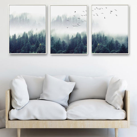 Set Of 3 Foggy Mountain Forest Canvas Prints