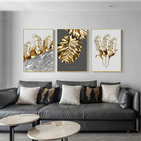 White Flowers With Golden Leaves Canvas Print