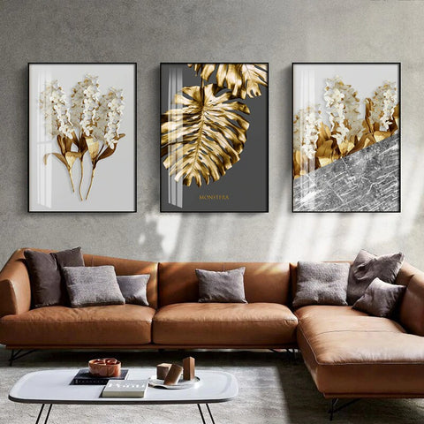 Golden Leaves On Black Background Canvas Print