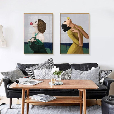 bubble-gum-lady-in-a-yellow-dress-canvas-print