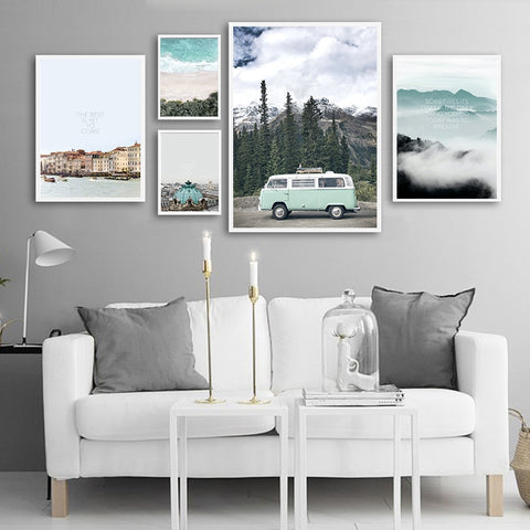 Camper Van In Front Of Mountains Canvas Print