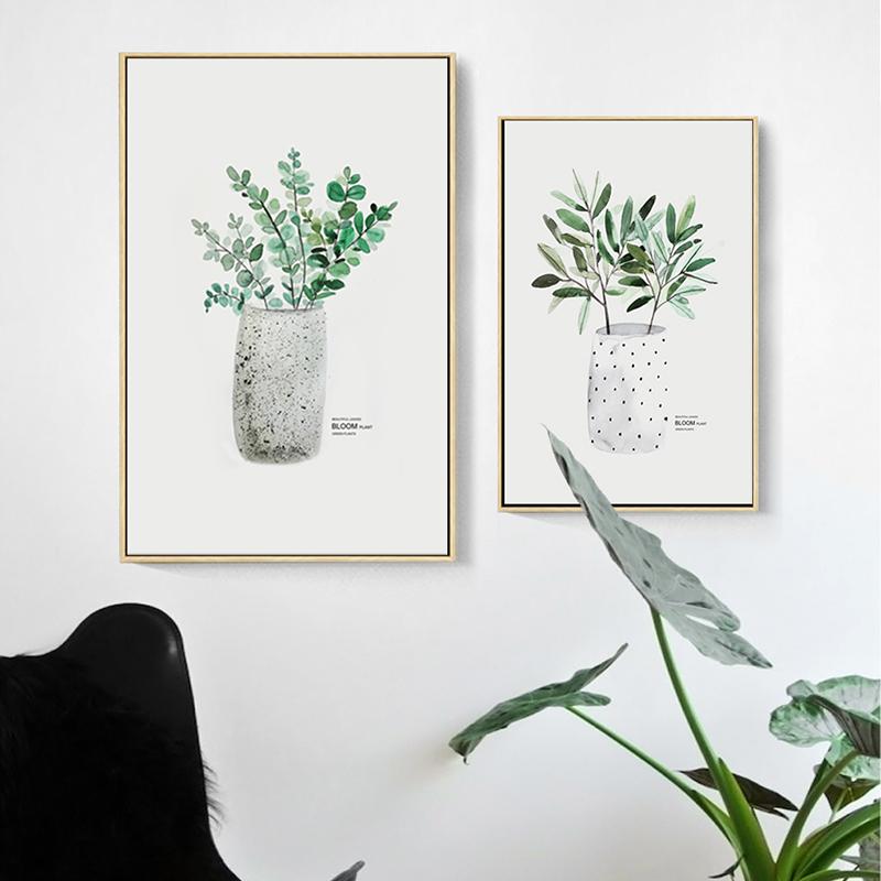 Green Plant In Grey Vase Canvas Print Wall Art Poster Watercolour The