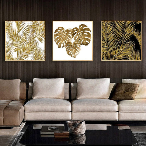 Golden Monstera Leaves Canvas Print