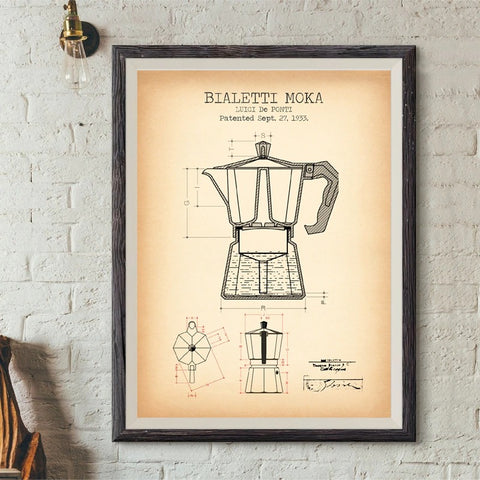 Bialetti Moka Coffee Pot Blueprint In Washed Yellow Canvas Print
