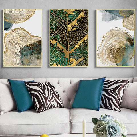 Abstract Golden & Green Leaf Veins Canvas Print